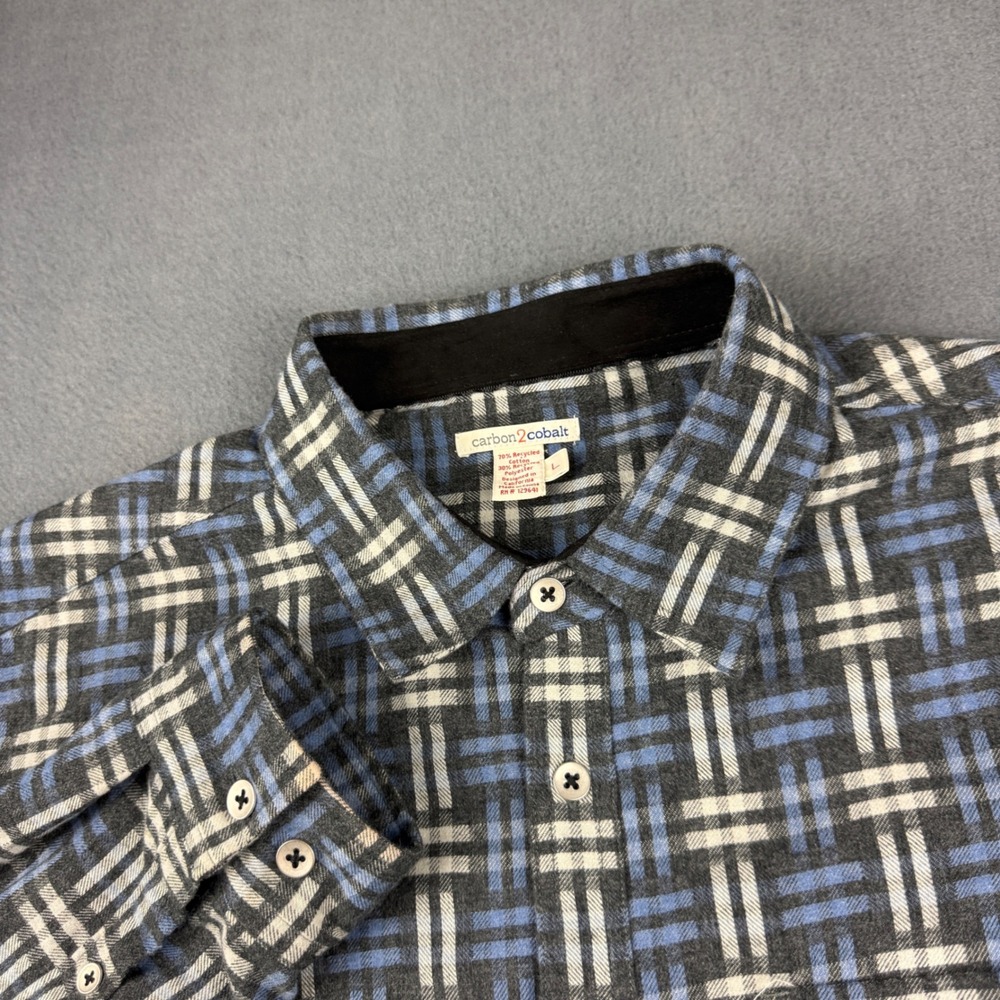 Carbon 2 Cobalt Flannel Shirt Men's L Blue Grey Plaid Geometric Pattern Disco